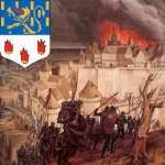 Blason de la ville sur fond de bataille et d'incendie Blason de la ville sur fond de bataille et d'incendie